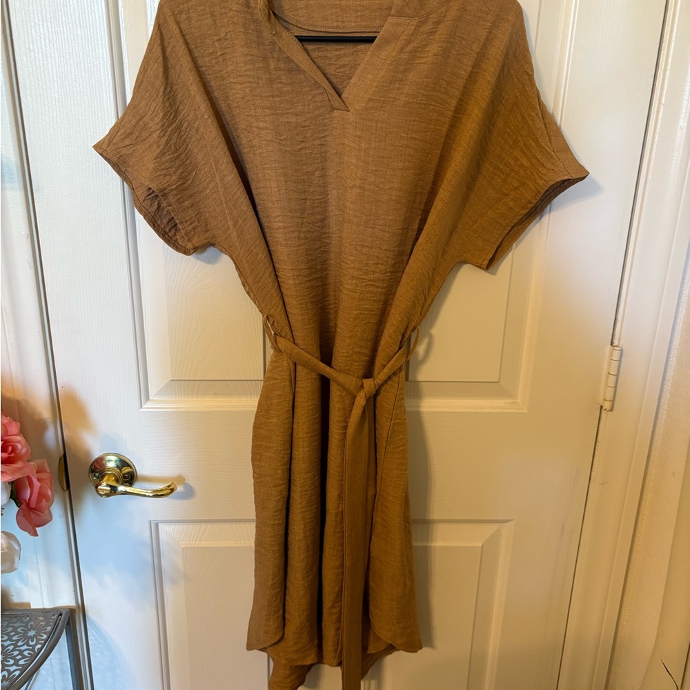 Brown V-Neck Belted Dress